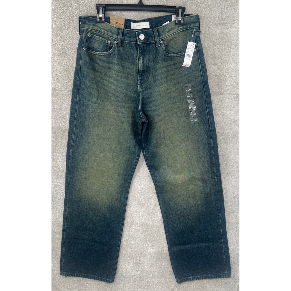 PacSun Dylan Baggy Jeans Mens 31x32 Green Tint Indigo Wide Leg Rigid Denim NEW‎
